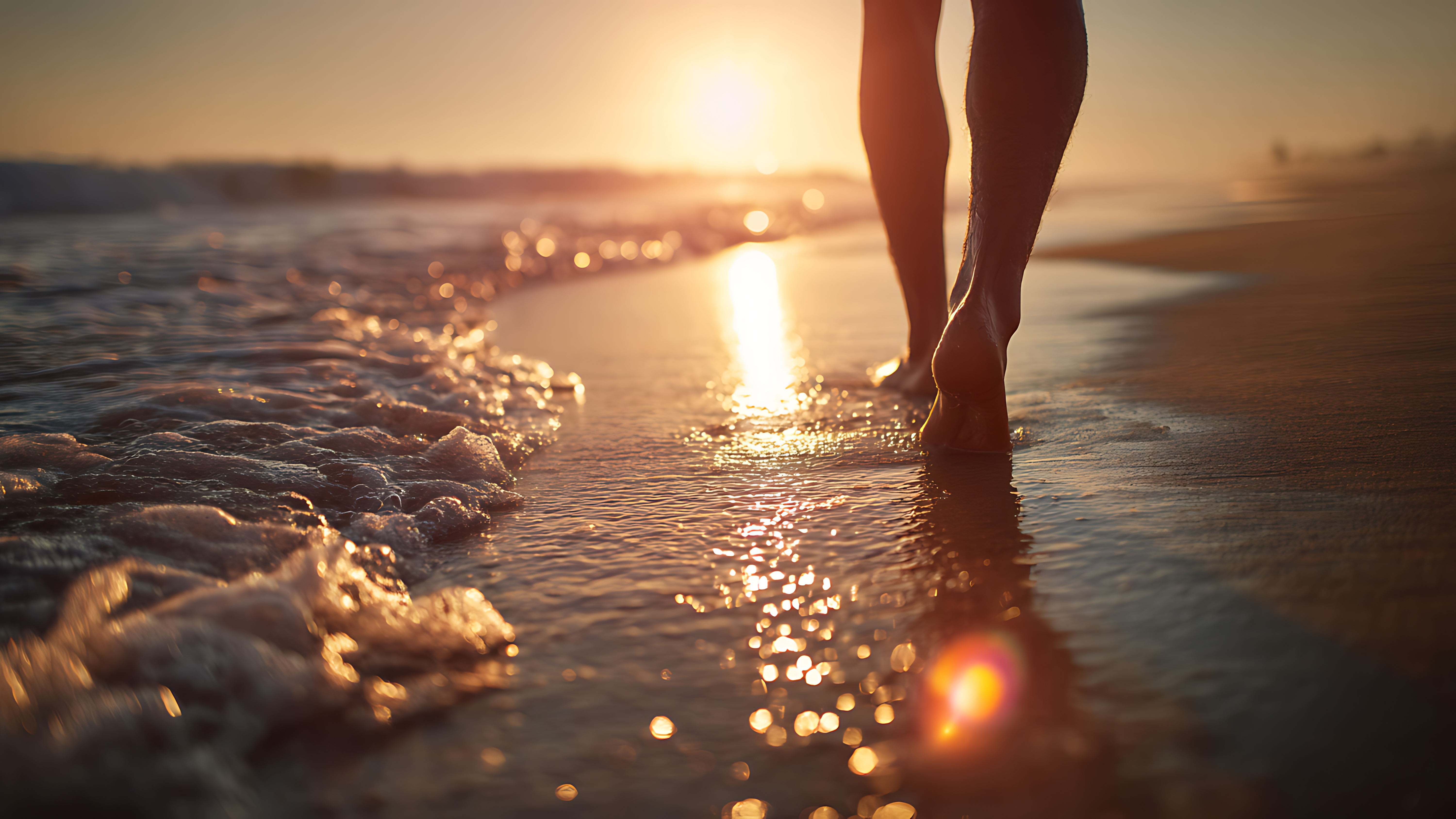 Warm golden hour beach with calm waves